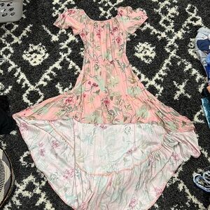 Ou the Road tropical pink/peach high low dress